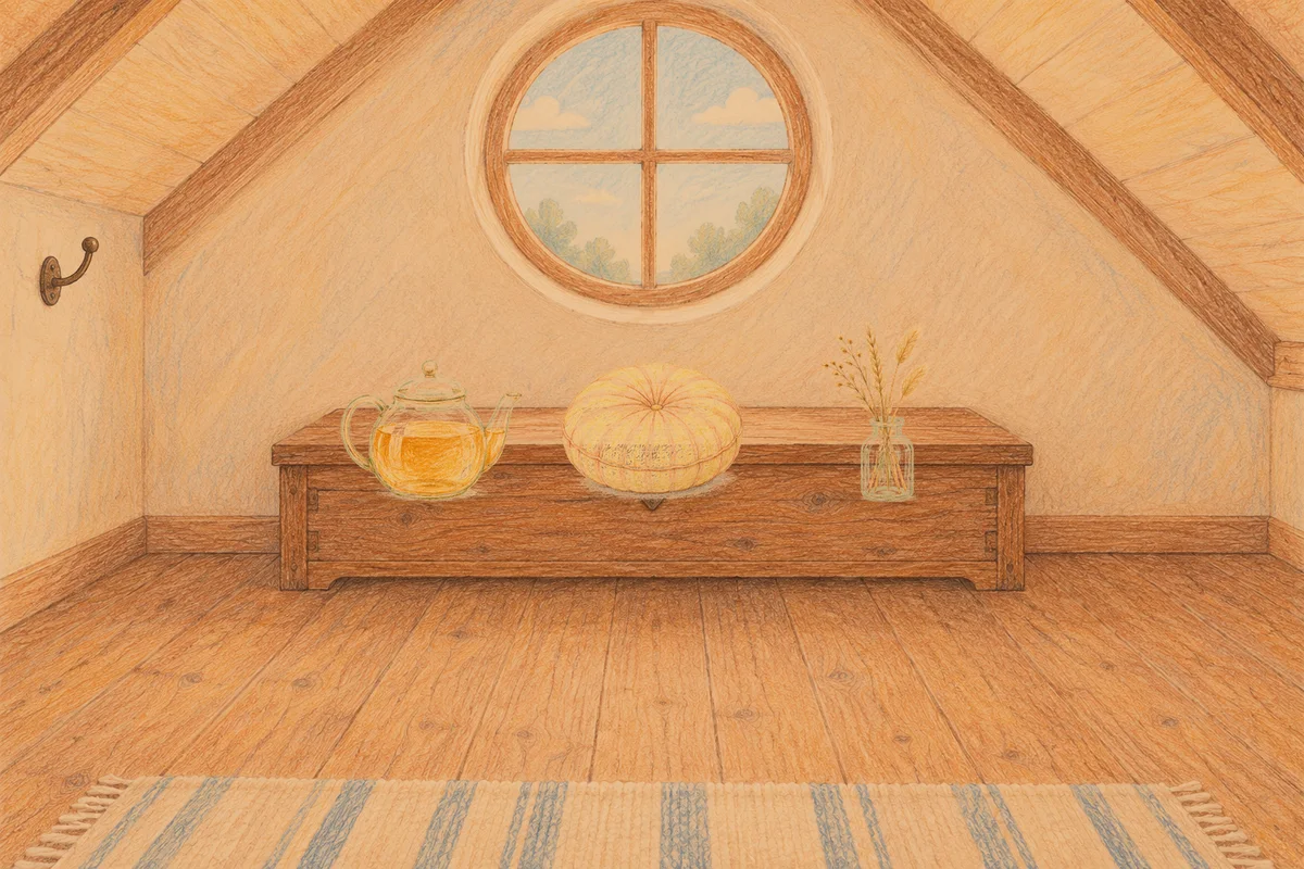 양평 여성전용 어깨 마사지 안내 그림, 저녁의 다락방 나무 궤짝 위에 놓인 유리 티포트, 둥근 쿠션, 마른 풀을 꽂은 항아리