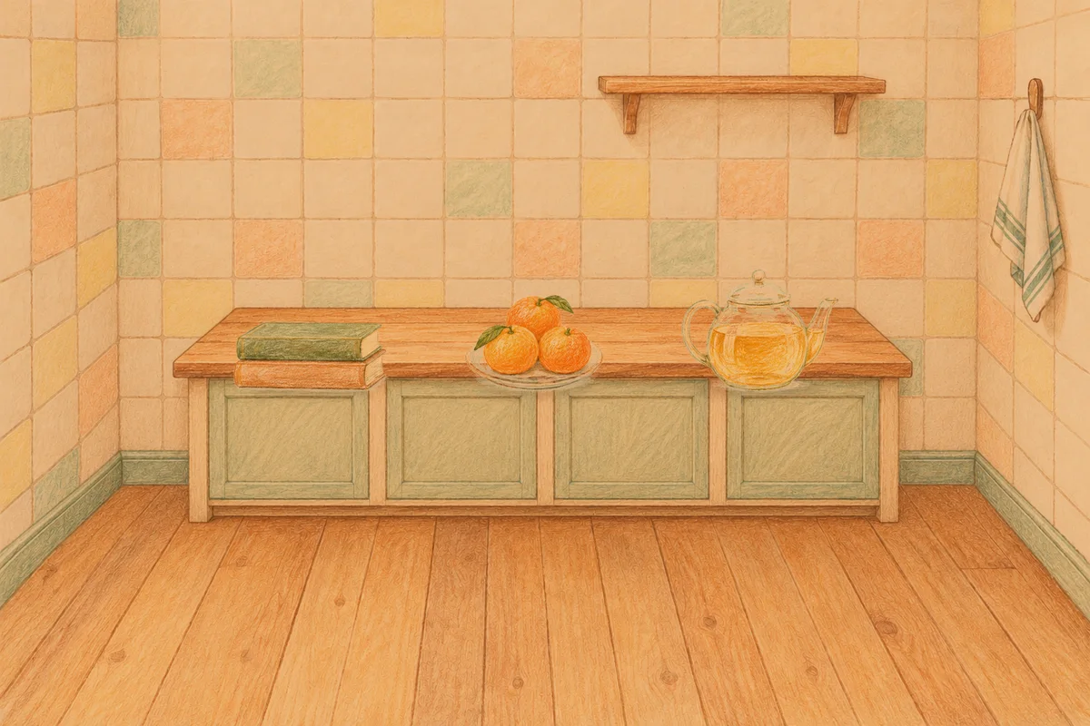 양평 여성전용 목 어깨 케어 안내 그림, 저녁의 부엌 나무 조리대 위에 놓인 책 두 권, 귤이 담긴 접시, 유리 티포트