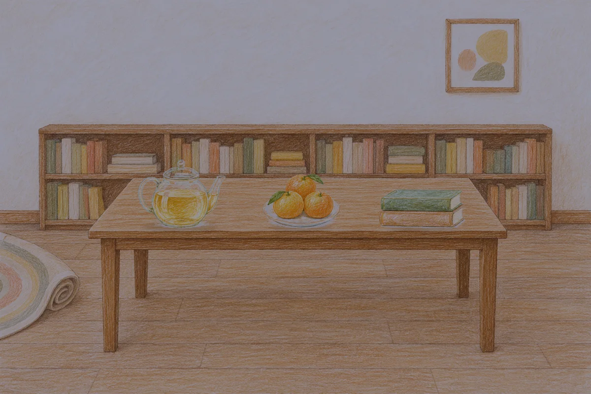 양평 여성전용 수면 케어 안내 그림, 밤의 서재 긴 책상 위에 놓인 유리 티포트, 귤이 담긴 접시, 책 두 권