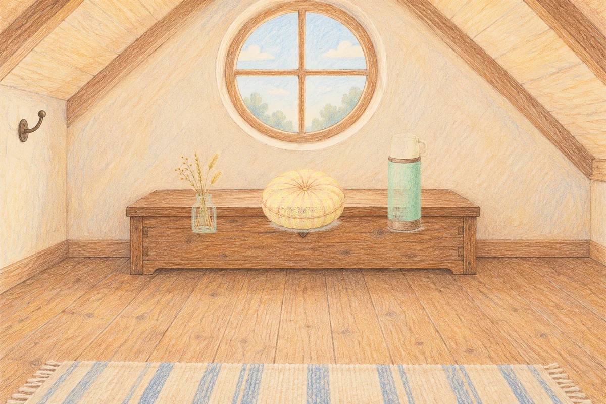 양평 여성전용 피로 회복 마사지 안내 그림, 낮의 다락방 나무 궤짝 위에 놓인 마른 풀을 꽂은 항아리, 둥근 쿠션, 보온병
