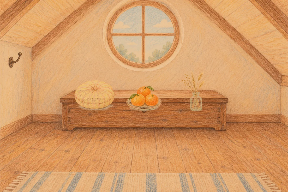 양평 여성전용 페이셜 마사지 안내 그림, 저녁의 다락방 나무 궤짝 위에 놓인 둥근 쿠션, 귤이 담긴 접시, 마른 풀을 꽂은 항아리