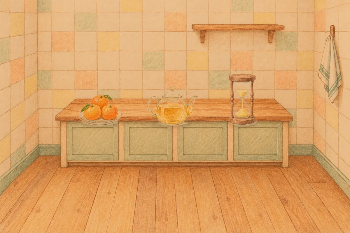 양평 여성전용 얼굴 마사지 안내 그림, 저녁의 부엌 나무 조리대 위에 놓인 귤이 담긴 접시, 유리 티포트, 모래시계