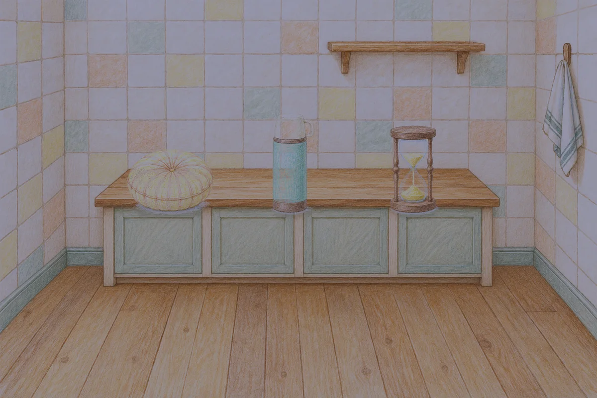 양평 여성전용 림프 페이셜 안내 그림, 밤의 부엌 나무 조리대 위에 놓인 둥근 쿠션, 보온병, 모래시계