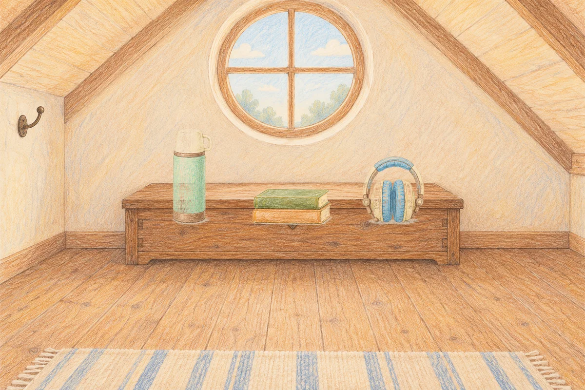 양평 여성전용 안티에이징 케어 안내 그림, 낮의 다락방 나무 궤짝 위에 놓인 보온병, 책 두 권, 헤드폰
