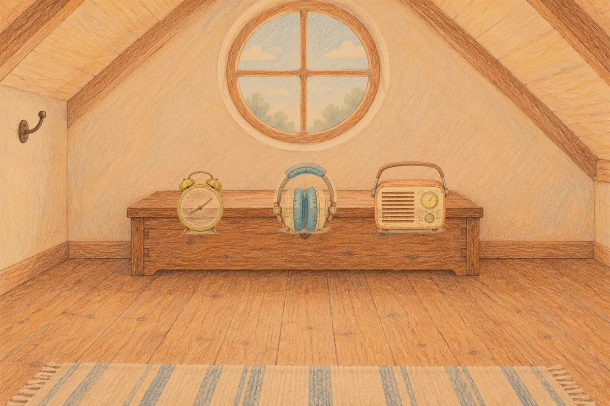 양평 여성전용 샵 마사지 안내 그림, 저녁의 다락방 나무 궤짝 위에 놓인 둥근 알람시계, 헤드폰, 작은 라디오