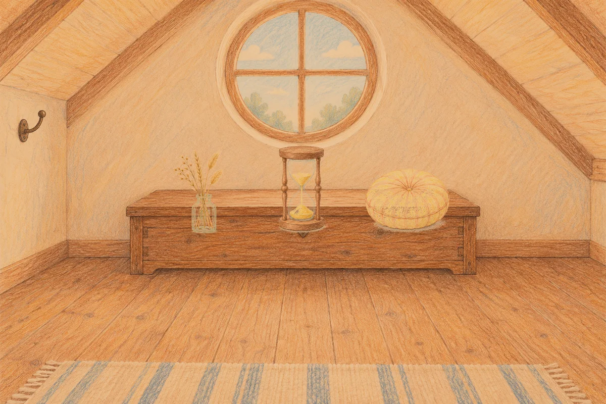 양평 여성전용 예약 마사지 안내 그림, 저녁의 다락방 나무 궤짝 위에 놓인 마른 풀을 꽂은 항아리, 모래시계, 둥근 쿠션