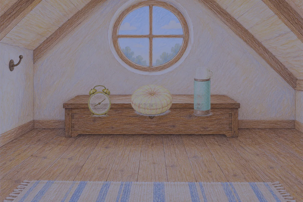 양평 여성전용 추천 마사지 안내 그림, 밤의 다락방 나무 궤짝 위에 놓인 둥근 알람시계, 둥근 쿠션, 보온병