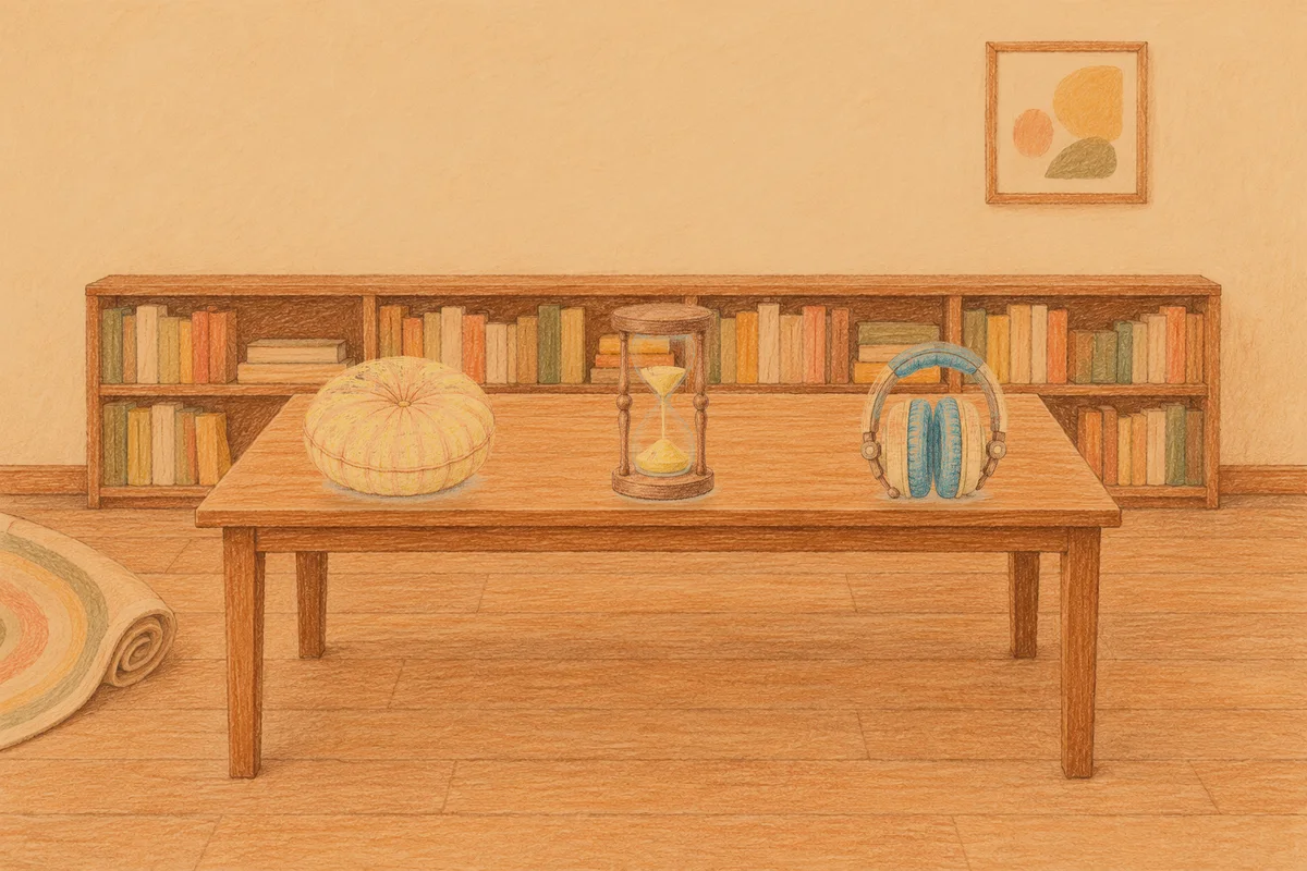 양평 여성전용 출장 마사지 안내 그림, 저녁의 서재 긴 책상 위에 놓인 둥근 쿠션, 모래시계, 헤드폰