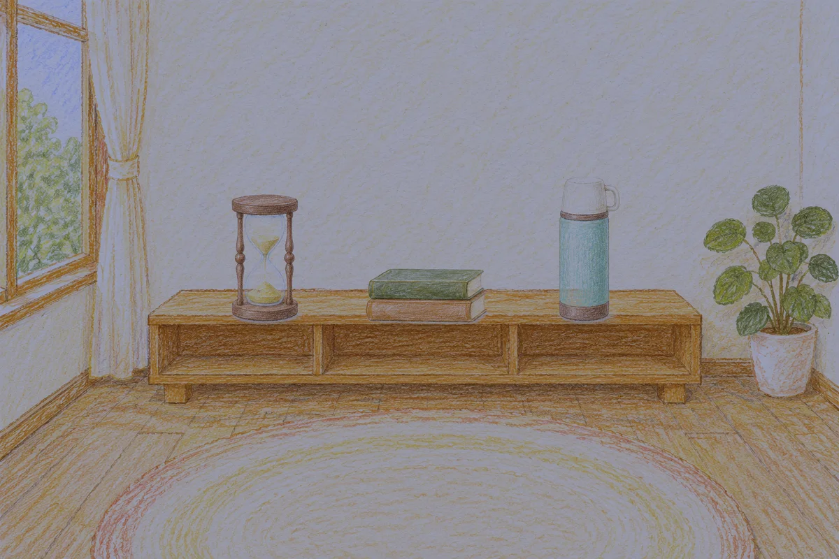 신갈 여성전용 스웨디시 마사지 안내 그림, 밤의 창가 낮은 선반 위에 놓인 모래시계, 책 두 권, 보온병