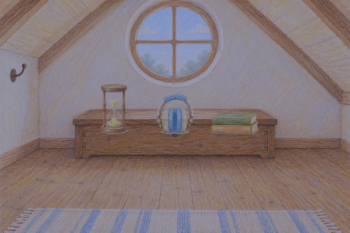 신갈 여성전용 아로마 마사지 안내 그림, 밤의 다락방 나무 궤짝 위에 놓인 모래시계, 헤드폰, 책 두 권