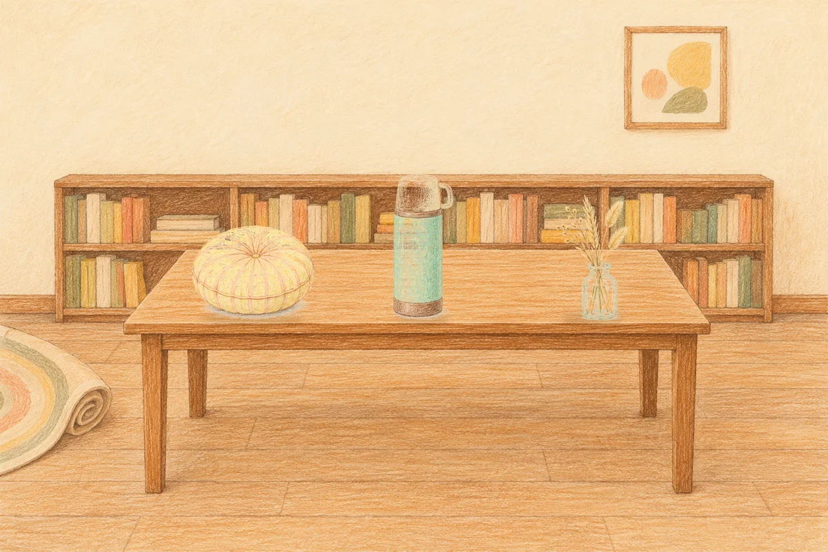 신갈 여성전용 아로마테라피 안내 그림, 낮의 서재 긴 책상 위에 놓인 둥근 쿠션, 보온병, 마른 풀을 꽂은 항아리