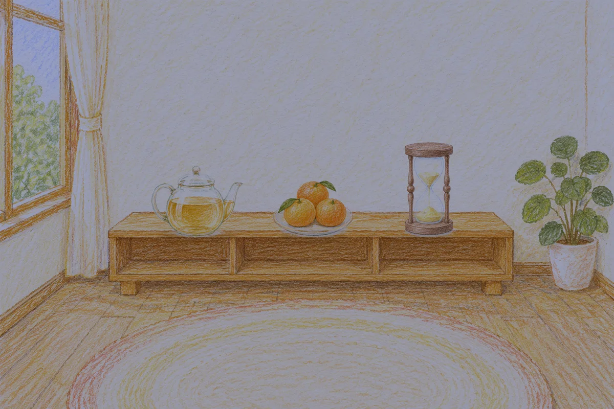 신갈 여성전용 아로마 가격 안내 그림, 밤의 창가 낮은 선반 위에 놓인 유리 티포트, 귤이 담긴 접시, 모래시계