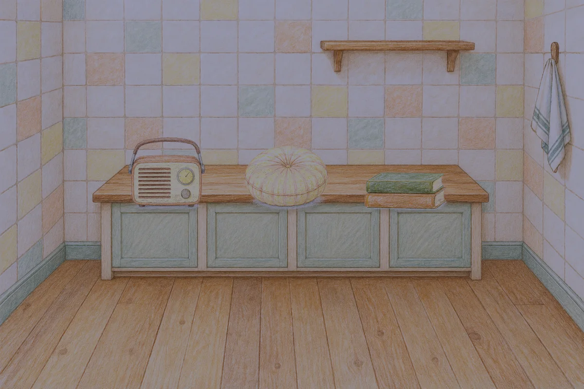 신갈 여성전용 스웨디시 추천 안내 그림, 밤의 부엌 나무 조리대 위에 놓인 작은 라디오, 둥근 쿠션, 책 두 권