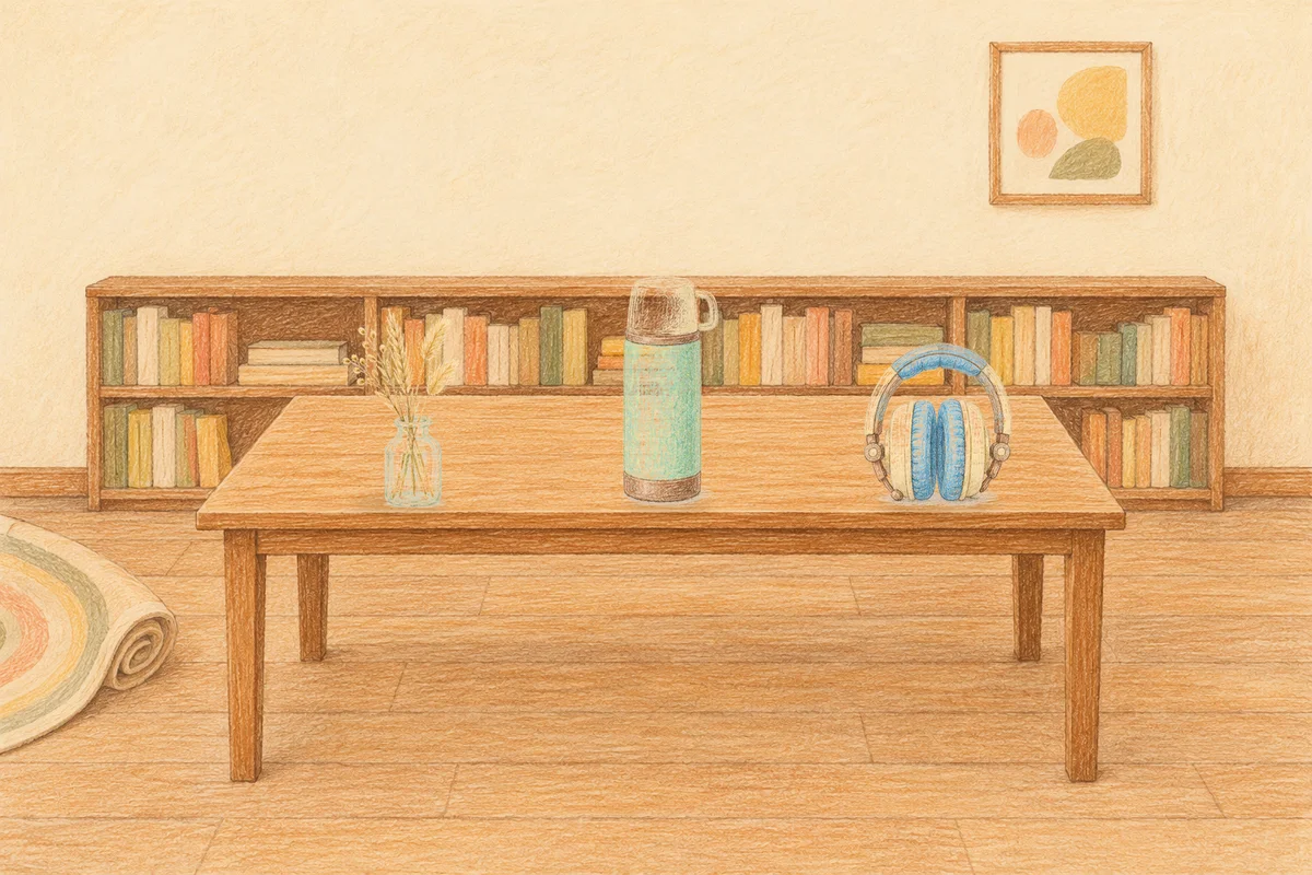 신갈 여성전용 경락마사지 안내 그림, 낮의 서재 긴 책상 위에 놓인 마른 풀을 꽂은 항아리, 보온병, 헤드폰
