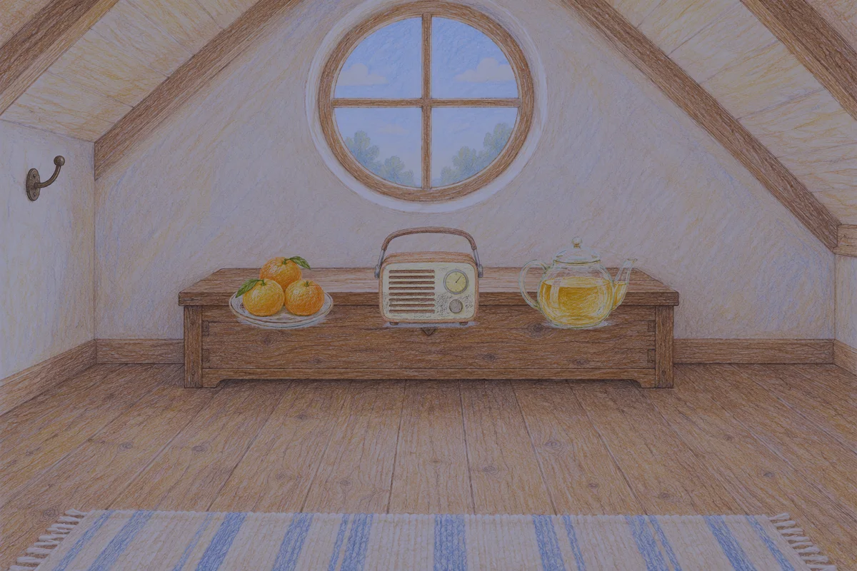 신갈 여성전용 경락 케어 안내 그림, 밤의 다락방 나무 궤짝 위에 놓인 귤이 담긴 접시, 작은 라디오, 유리 티포트