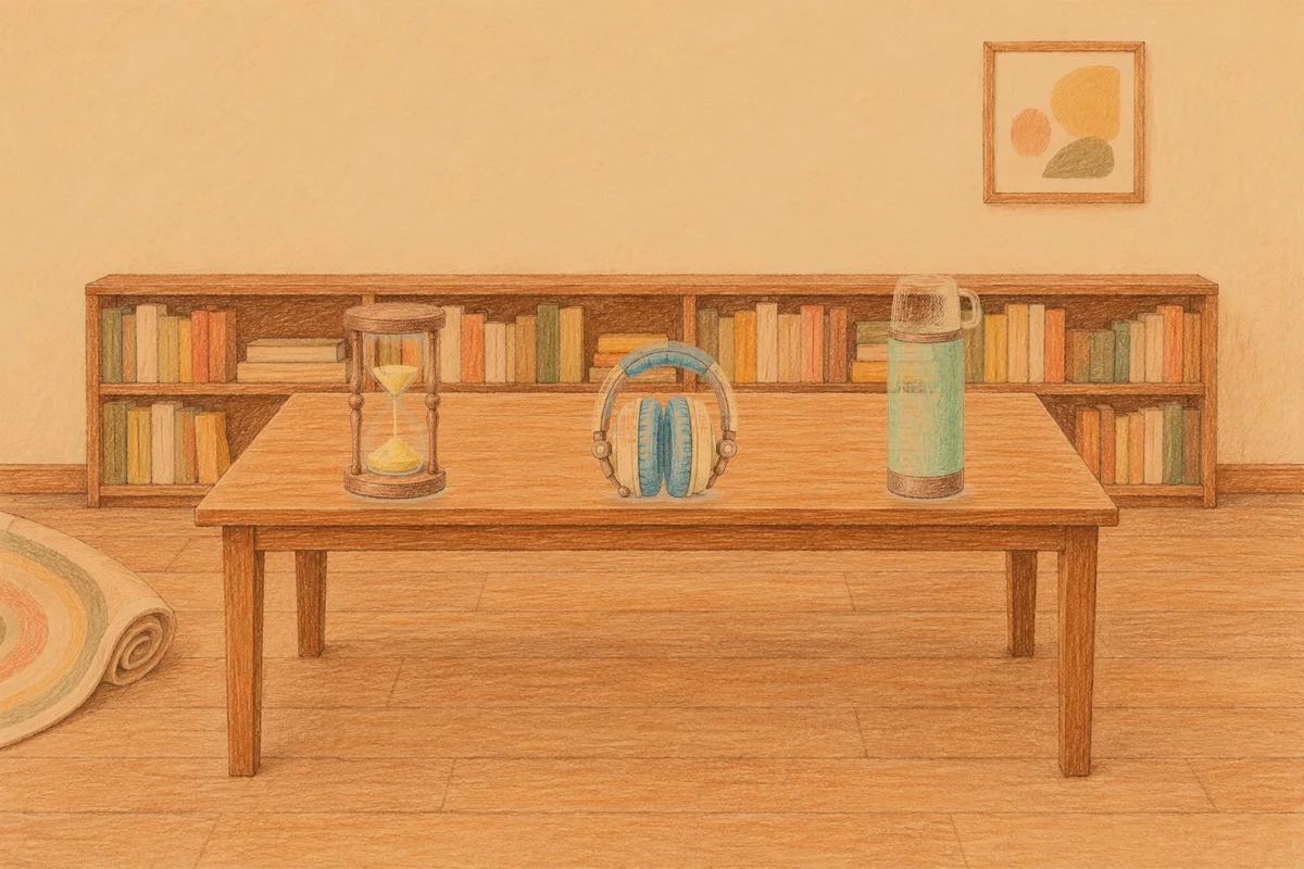 신갈 여성전용 바디 경락 안내 그림, 저녁의 서재 긴 책상 위에 놓인 모래시계, 헤드폰, 보온병