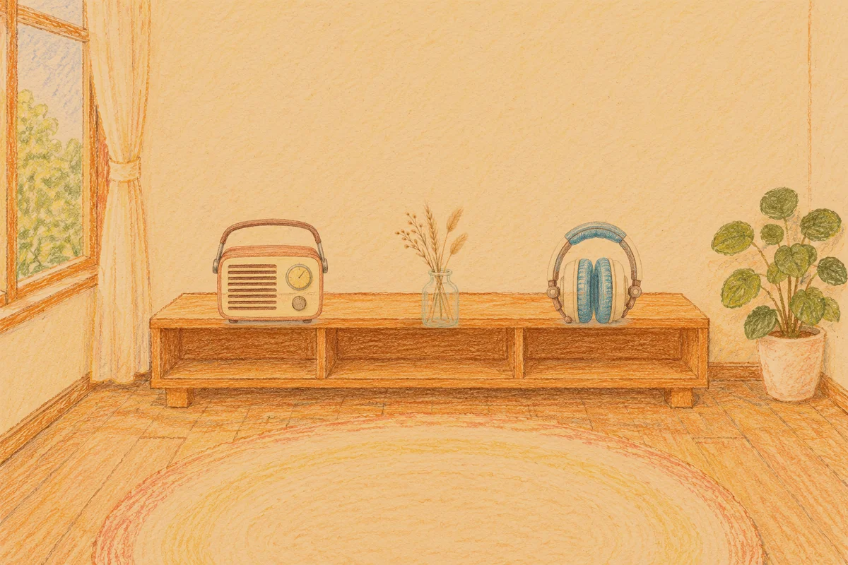 신갈 여성전용 경락마사지 후기 안내 그림, 저녁의 창가 낮은 선반 위에 놓인 작은 라디오, 마른 풀을 꽂은 항아리, 헤드폰
