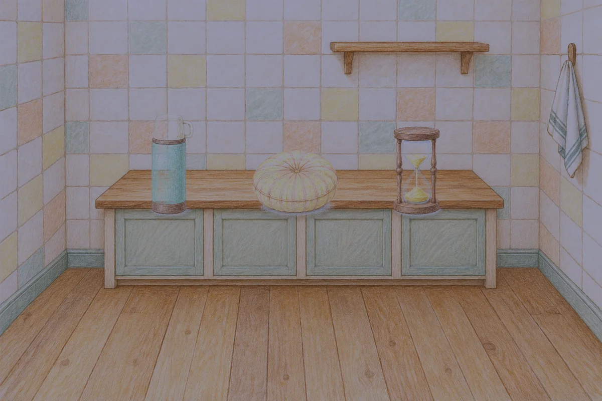 신갈 여성전용 경락 가격 안내 그림, 밤의 부엌 나무 조리대 위에 놓인 보온병, 둥근 쿠션, 모래시계