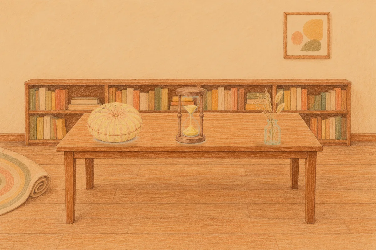 신갈 여성전용 방문 홈케어 안내 그림, 저녁의 서재 긴 책상 위에 놓인 둥근 쿠션, 모래시계, 마른 풀을 꽂은 항아리