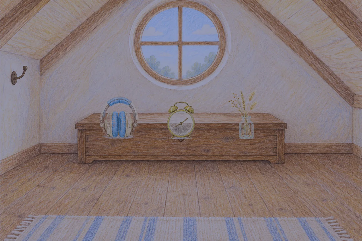 신갈 여성전용 프라이빗 케어 안내 그림, 밤의 다락방 나무 궤짝 위에 놓인 헤드폰, 둥근 알람시계, 마른 풀을 꽂은 항아리
