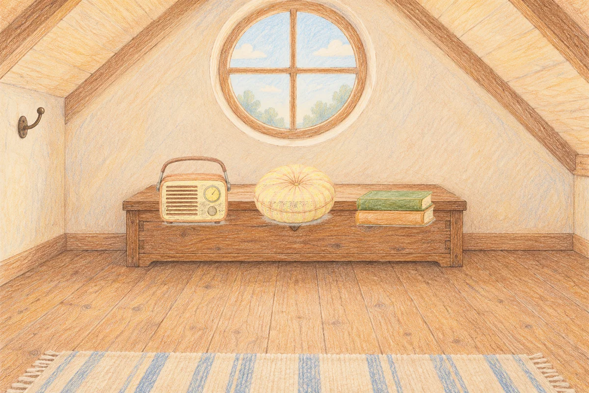 신갈 여성전용 홈케어 후기 안내 그림, 낮의 다락방 나무 궤짝 위에 놓인 작은 라디오, 둥근 쿠션, 책 두 권