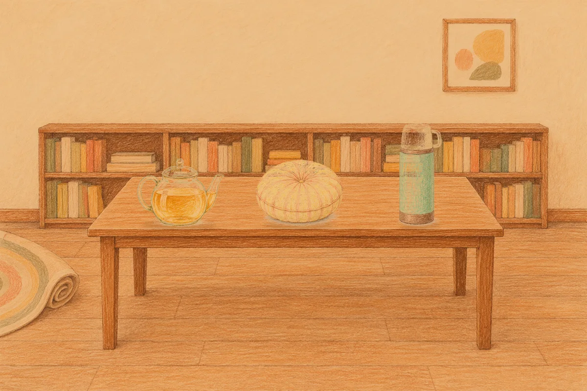 신갈 여성전용 발관리 후기 안내 그림, 저녁의 서재 긴 책상 위에 놓인 유리 티포트, 둥근 쿠션, 보온병