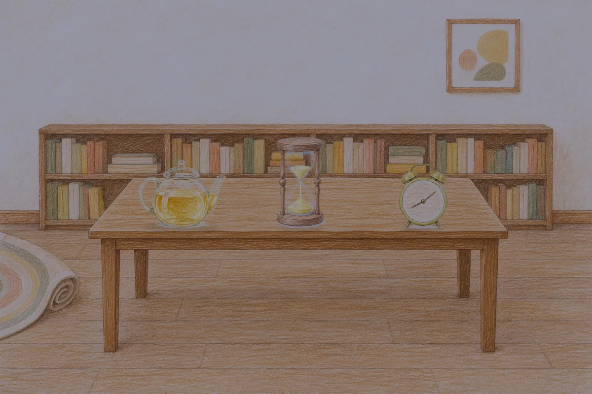 신갈 여성전용 슬리밍 마사지 안내 그림, 밤의 서재 긴 책상 위에 놓인 유리 티포트, 모래시계, 둥근 알람시계