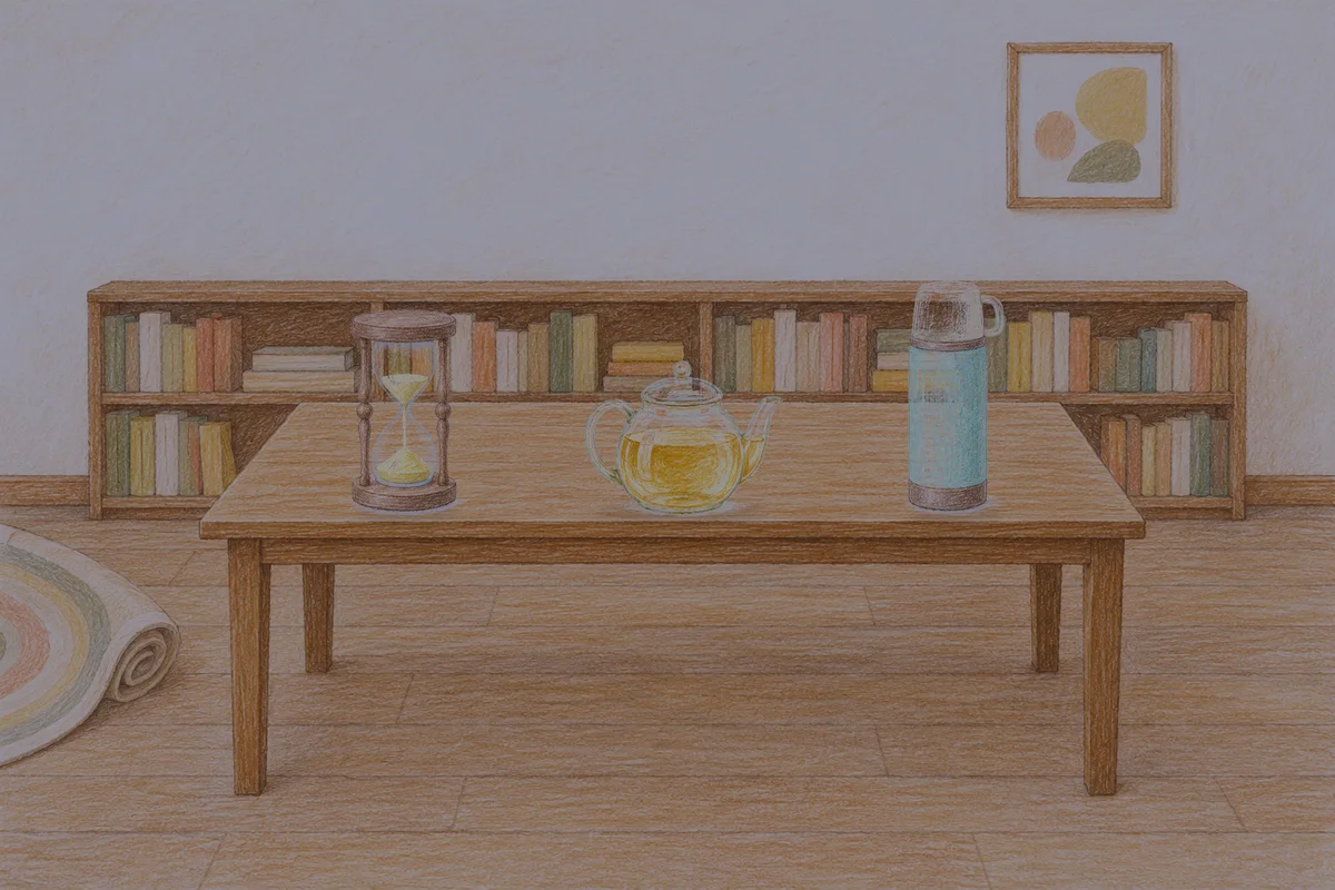 신갈 여성전용 두피 케어 안내 그림, 밤의 서재 긴 책상 위에 놓인 모래시계, 유리 티포트, 보온병