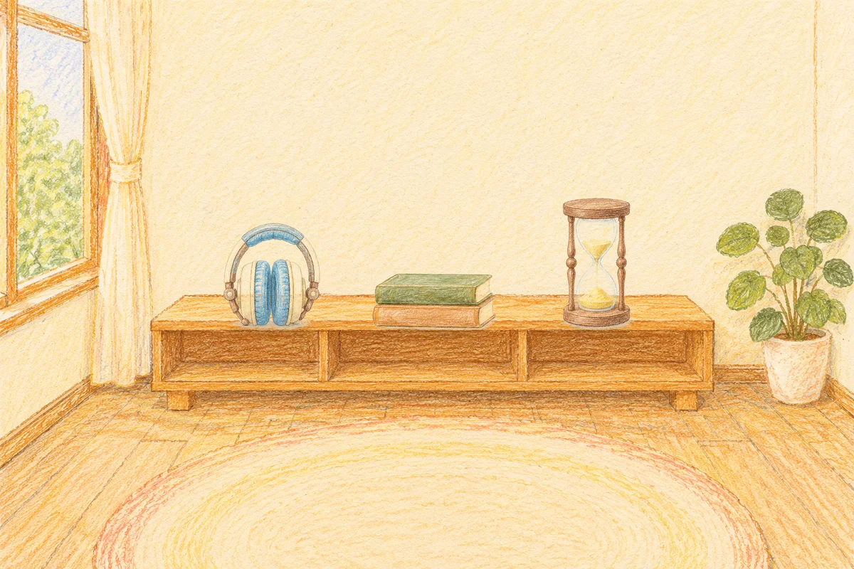 신갈 여성전용 두통 완화 마사지 안내 그림, 낮의 창가 낮은 선반 위에 놓인 헤드폰, 책 두 권, 모래시계