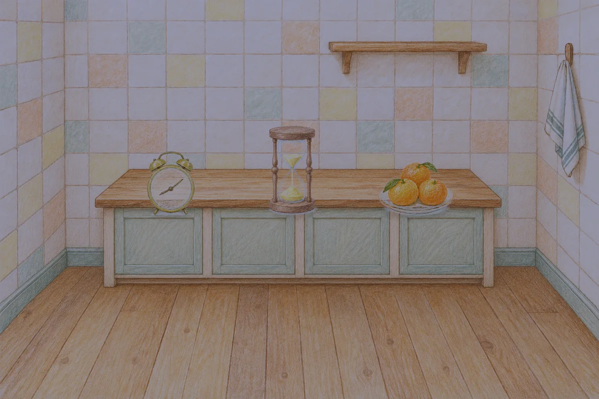 신갈 여성전용 브라이덜 케어 안내 그림, 밤의 부엌 나무 조리대 위에 놓인 둥근 알람시계, 모래시계, 귤이 담긴 접시