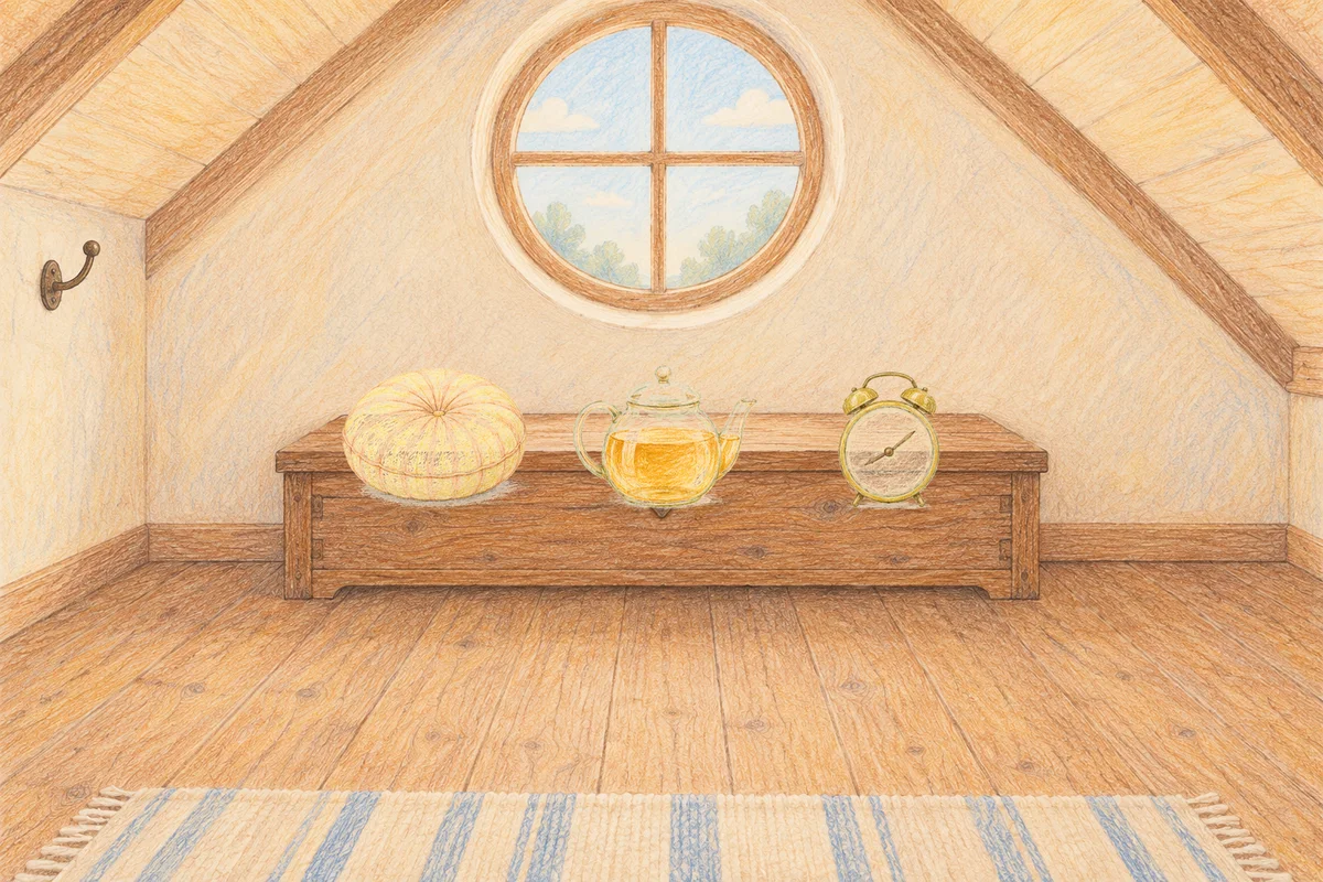 신갈 여성전용 피부 관리 안내 그림, 낮의 다락방 나무 궤짝 위에 놓인 둥근 쿠션, 유리 티포트, 둥근 알람시계
