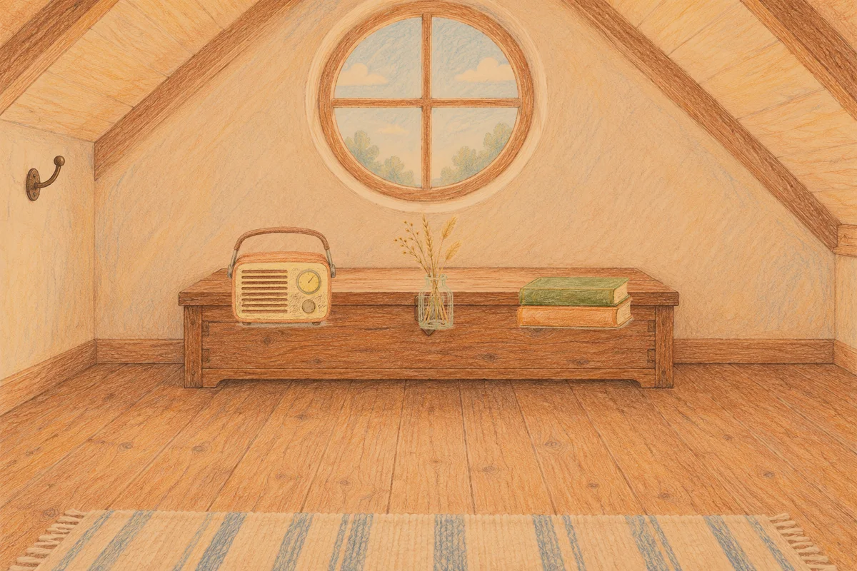 신갈 여성전용 샵 마사지 안내 그림, 저녁의 다락방 나무 궤짝 위에 놓인 작은 라디오, 마른 풀을 꽂은 항아리, 책 두 권