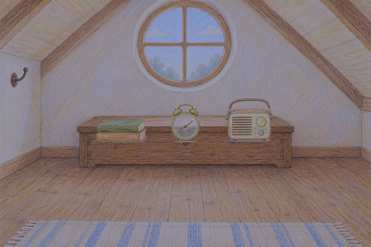 신갈 여성전용 추천 마사지 안내 그림, 밤의 다락방 나무 궤짝 위에 놓인 책 두 권, 둥근 알람시계, 작은 라디오