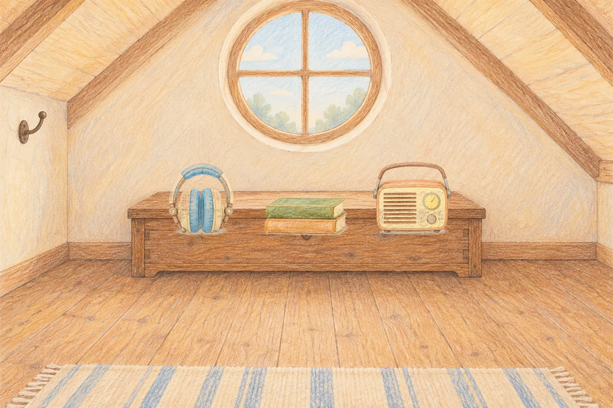 경기도광주 여성전용 아로마 마사지 후기 안내 그림, 낮의 다락방 나무 궤짝 위에 놓인 헤드폰, 책 두 권, 작은 라디오