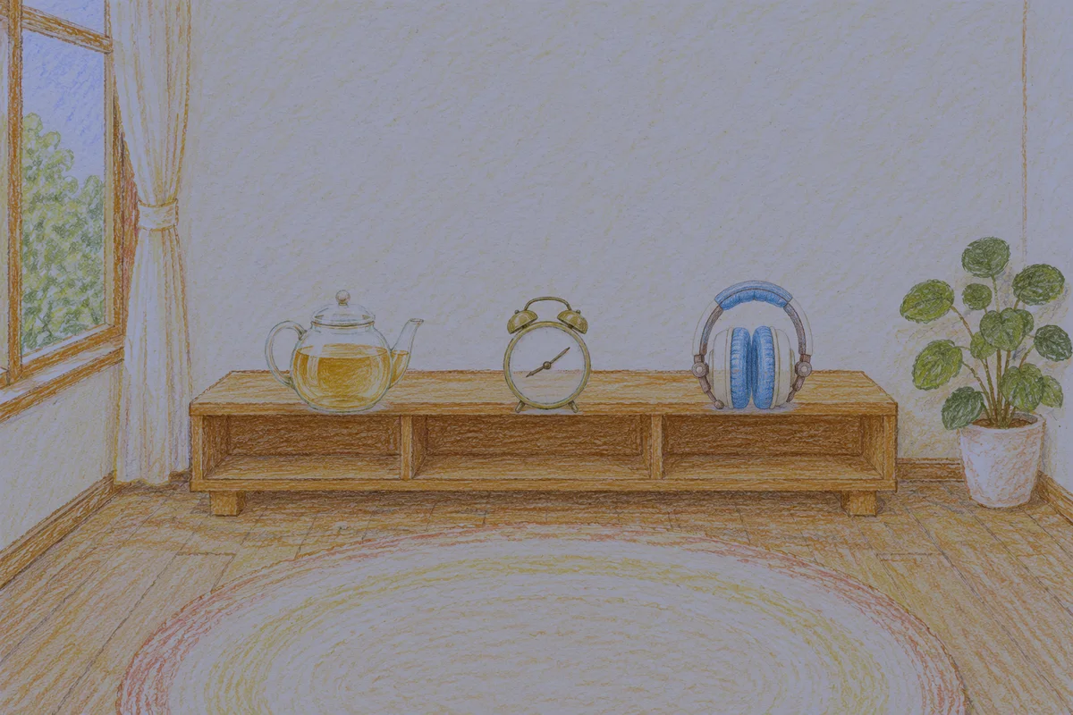 경기도광주 여성전용 아로마 가격 안내 그림, 밤의 창가 낮은 선반 위에 놓인 유리 티포트, 둥근 알람시계, 헤드폰