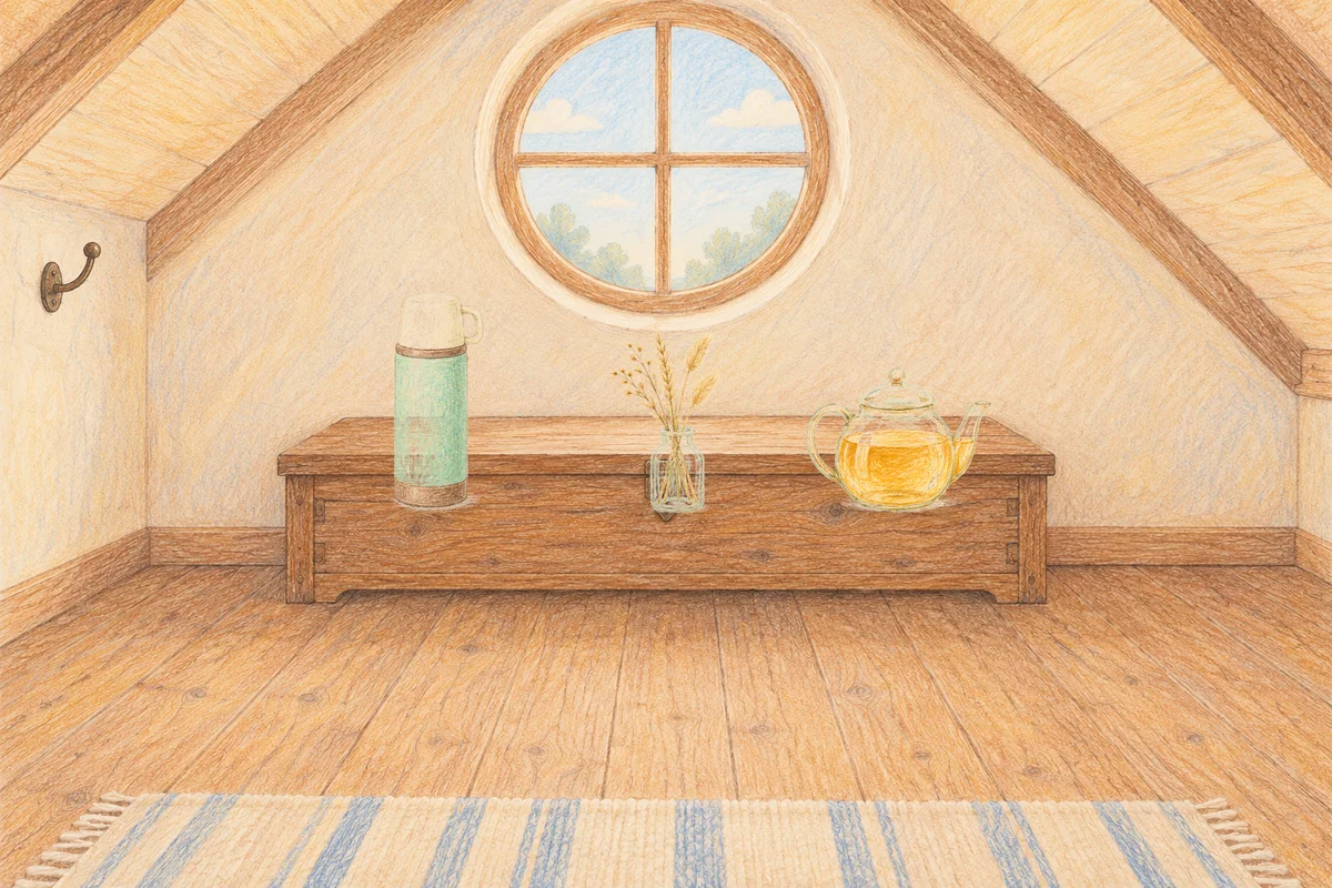 경기도광주 여성전용 아로마 추천 안내 그림, 낮의 다락방 나무 궤짝 위에 놓인 보온병, 마른 풀을 꽂은 항아리, 유리 티포트