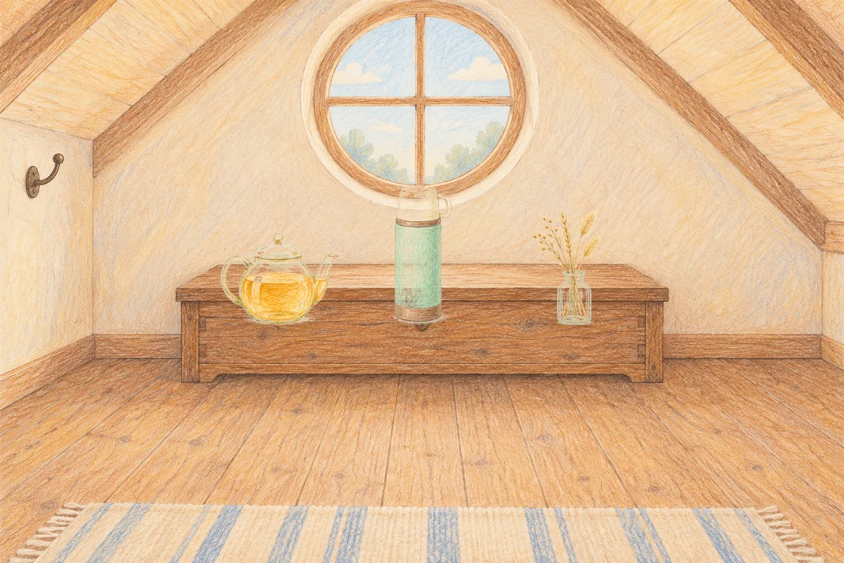 경기도광주 여성전용 경락마사지 안내 그림, 낮의 다락방 나무 궤짝 위에 놓인 유리 티포트, 보온병, 마른 풀을 꽂은 항아리