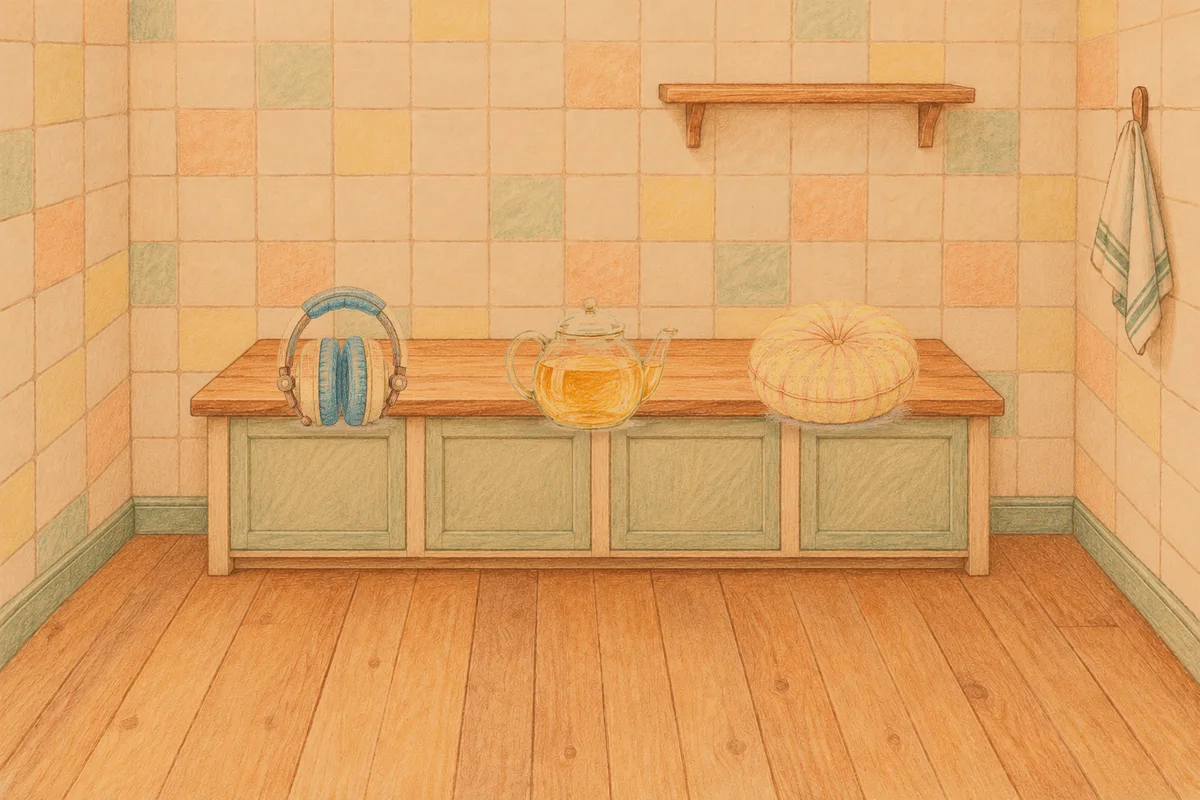 경기도광주 여성전용 경락 케어 안내 그림, 저녁의 부엌 나무 조리대 위에 놓인 헤드폰, 유리 티포트, 둥근 쿠션