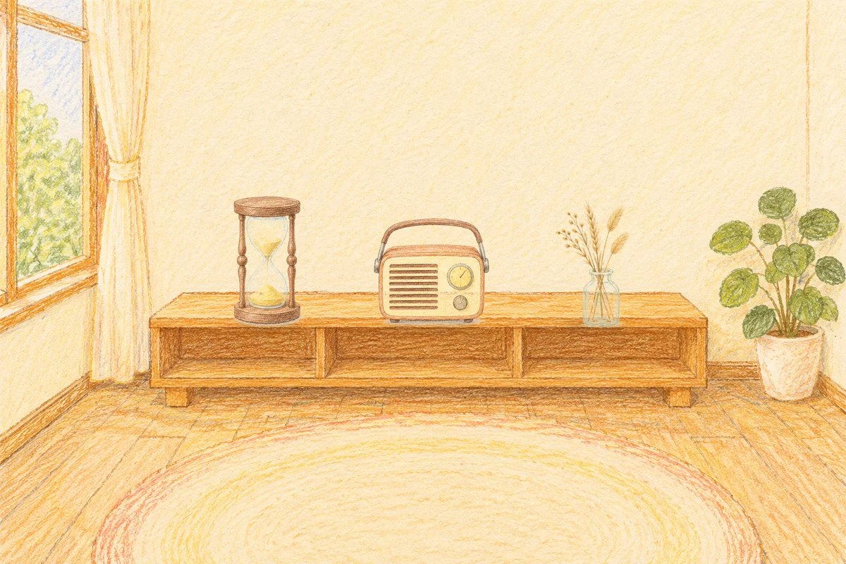경기도광주 여성전용 바디 경락 안내 그림, 낮의 창가 낮은 선반 위에 놓인 모래시계, 작은 라디오, 마른 풀을 꽂은 항아리