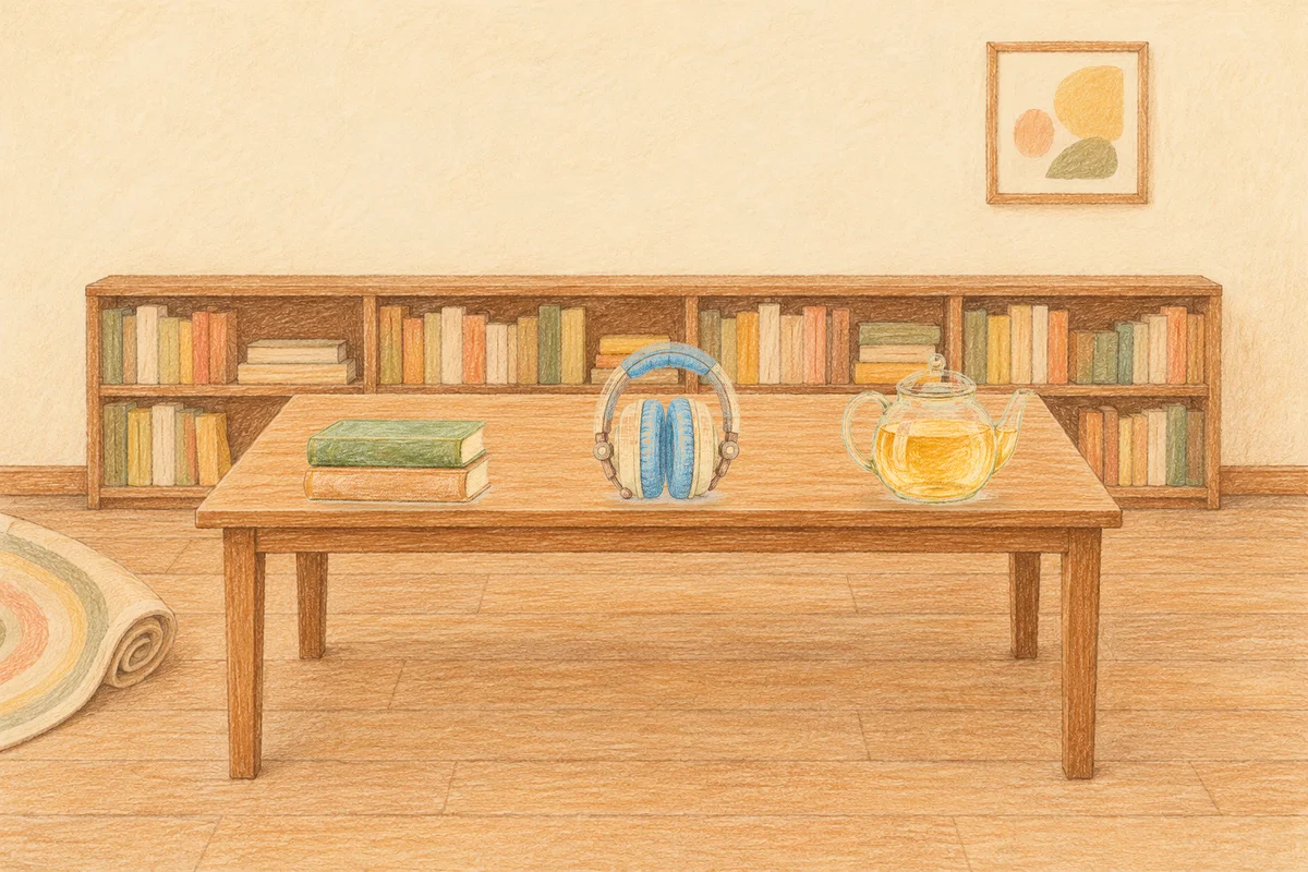 경기도광주 여성전용 경락 가격 안내 그림, 낮의 서재 긴 책상 위에 놓인 책 두 권, 헤드폰, 유리 티포트