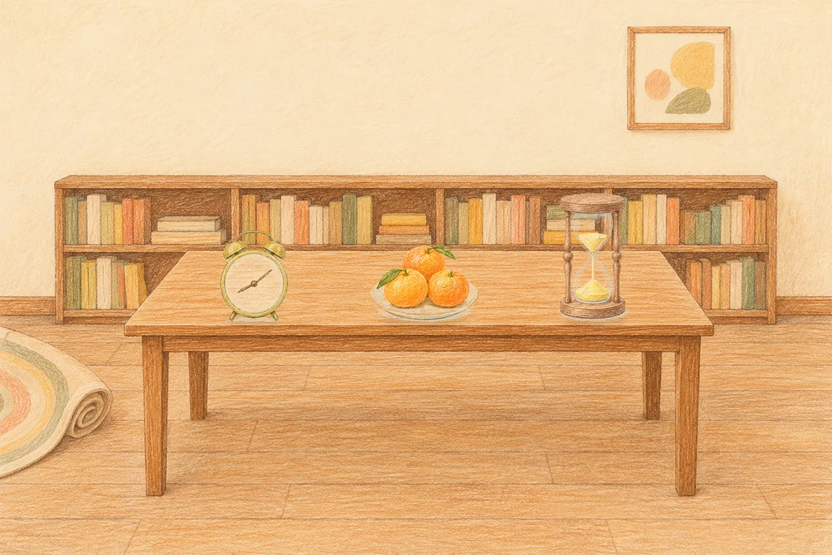 경기도광주 여성전용 1인샵 안내 그림, 낮의 서재 긴 책상 위에 놓인 둥근 알람시계, 귤이 담긴 접시, 모래시계