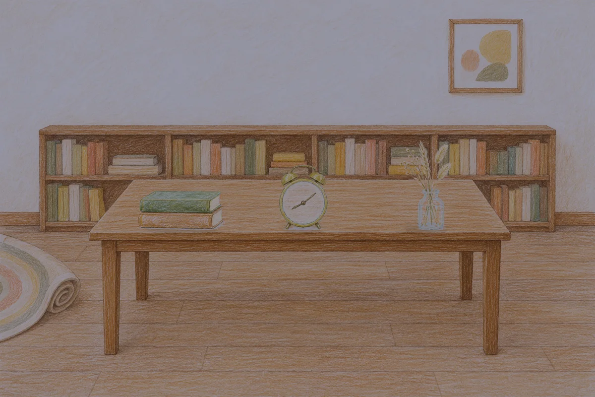 경기도광주 여성전용 발관리 안내 그림, 밤의 서재 긴 책상 위에 놓인 책 두 권, 둥근 알람시계, 마른 풀을 꽂은 항아리
