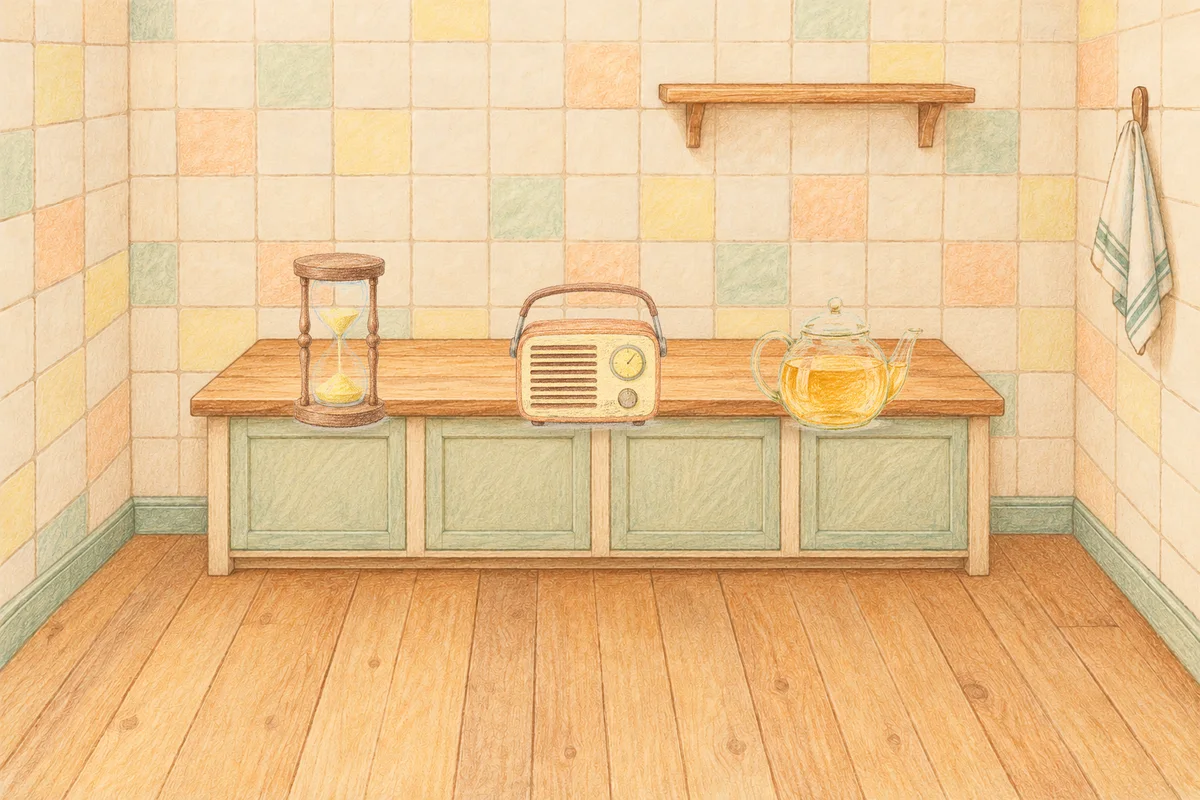 경기도광주 여성전용 발관리 후기 안내 그림, 낮의 부엌 나무 조리대 위에 놓인 모래시계, 작은 라디오, 유리 티포트