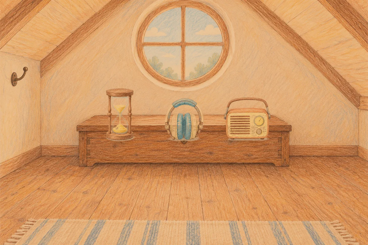 경기도광주 여성전용 림프 마사지 안내 그림, 저녁의 다락방 나무 궤짝 위에 놓인 모래시계, 헤드폰, 작은 라디오