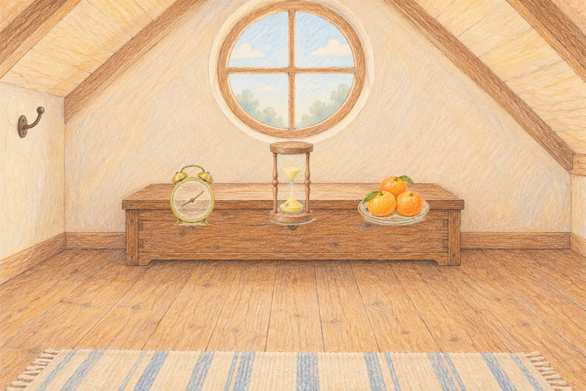 경기도광주 여성전용 슬리밍 마사지 안내 그림, 낮의 다락방 나무 궤짝 위에 놓인 둥근 알람시계, 모래시계, 귤이 담긴 접시