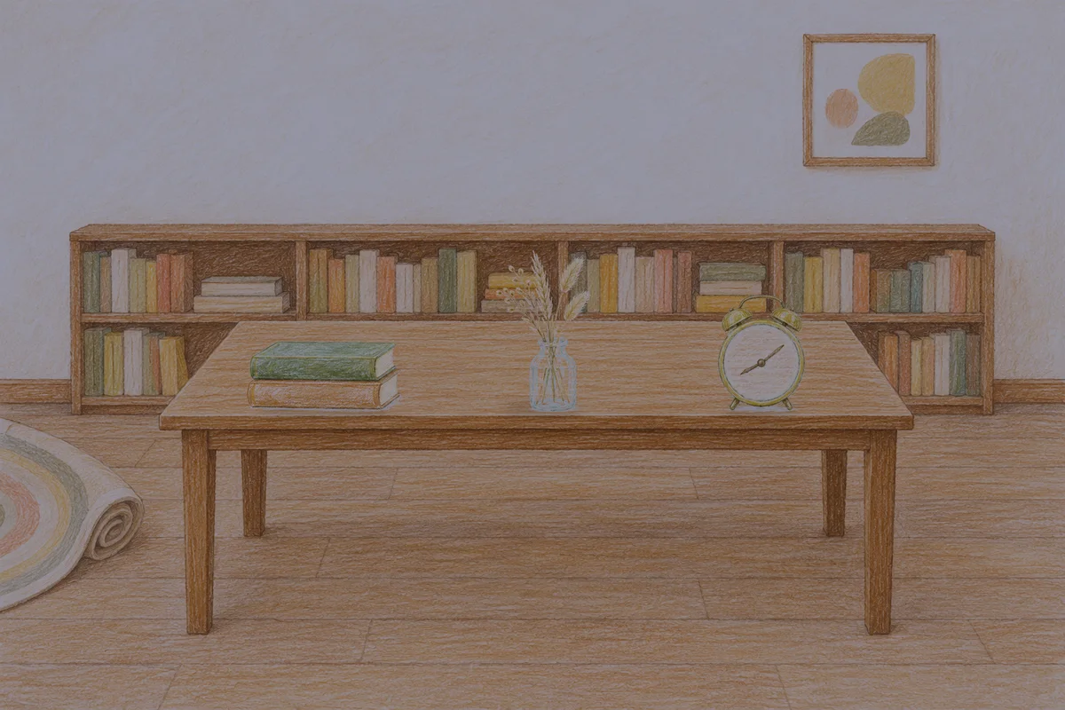 경기도광주 여성전용 다이어트 마사지 안내 그림, 밤의 서재 긴 책상 위에 놓인 책 두 권, 마른 풀을 꽂은 항아리, 둥근 알람시계