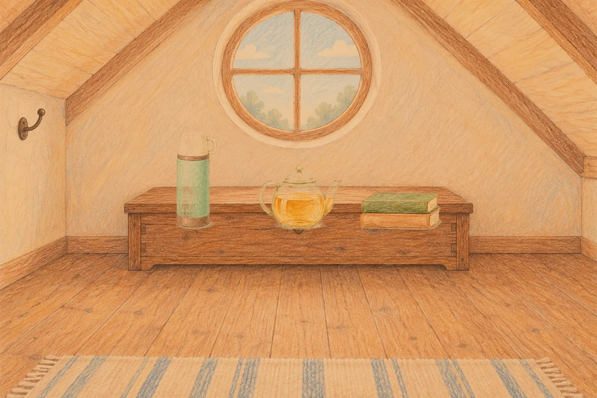 경기도광주 여성전용 종아리 케어 안내 그림, 저녁의 다락방 나무 궤짝 위에 놓인 보온병, 유리 티포트, 책 두 권