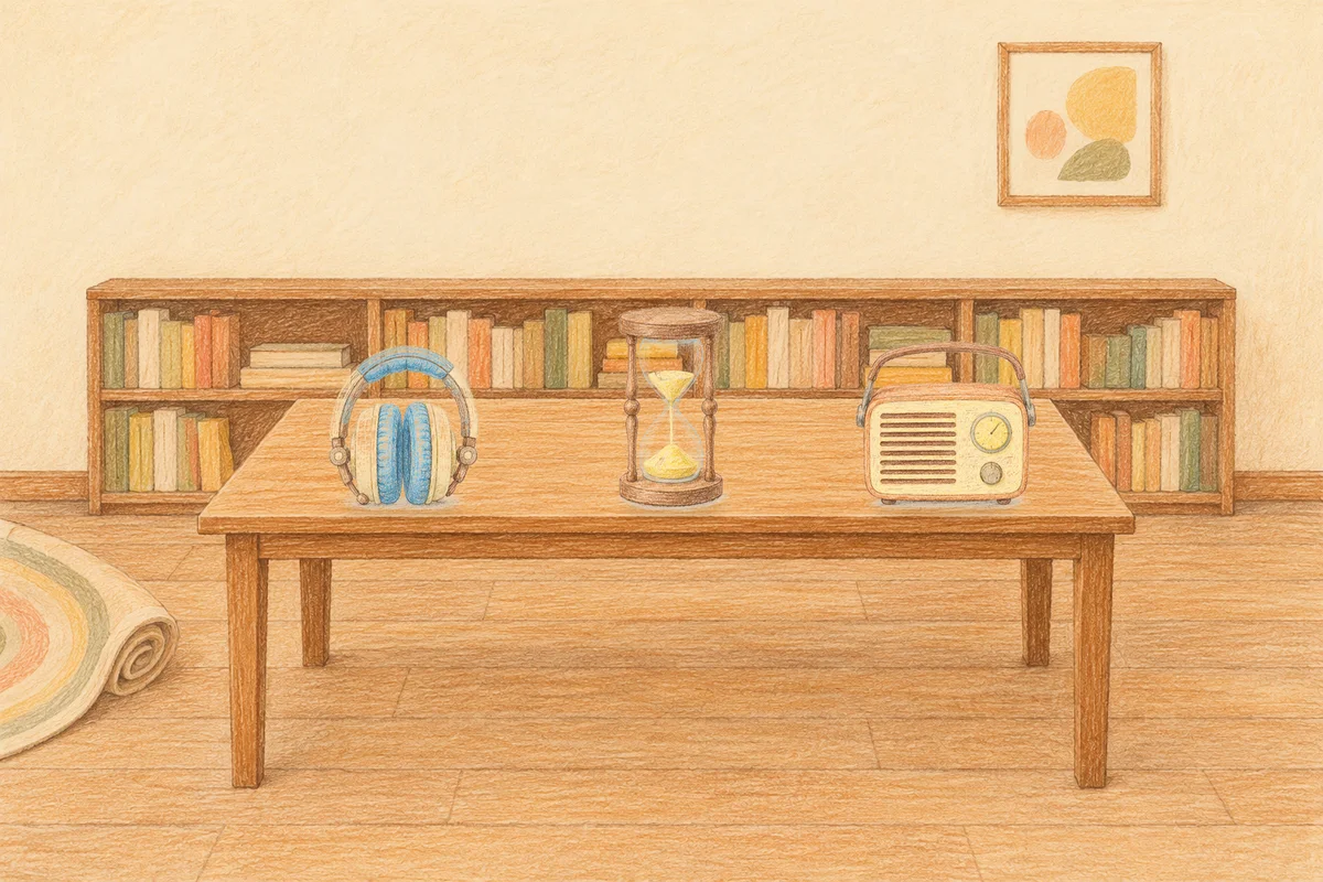 경기도광주 여성전용 페이셜 마사지 안내 그림, 낮의 서재 긴 책상 위에 놓인 헤드폰, 모래시계, 작은 라디오