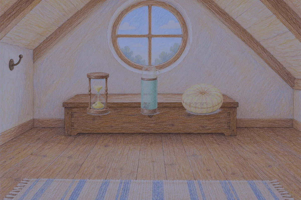 경기도광주 여성전용 피부 관리 안내 그림, 밤의 다락방 나무 궤짝 위에 놓인 모래시계, 보온병, 둥근 쿠션