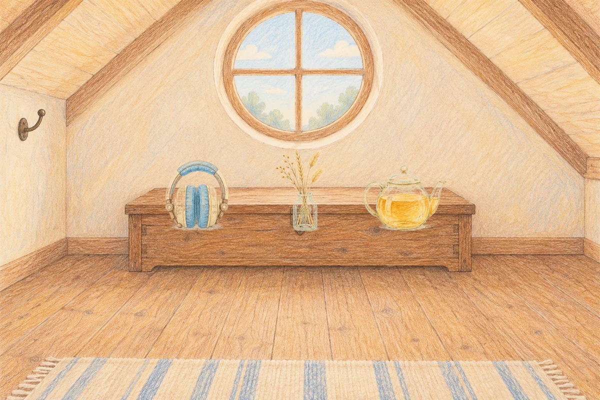 경기도광주 여성전용 샵 마사지 안내 그림, 낮의 다락방 나무 궤짝 위에 놓인 헤드폰, 마른 풀을 꽂은 항아리, 유리 티포트